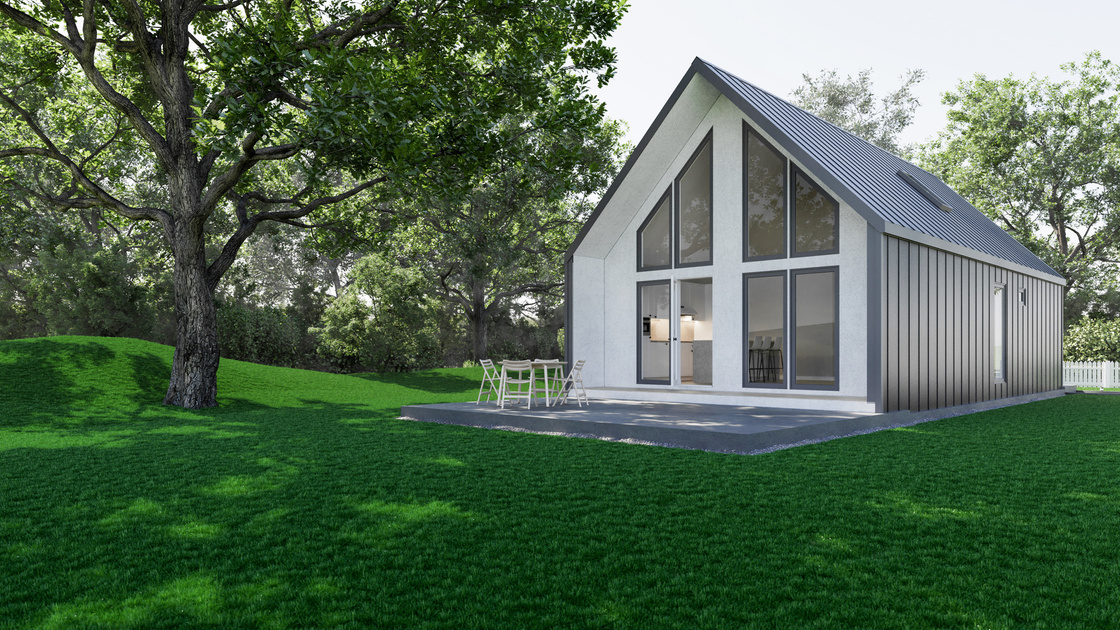 Beautiful white barn-style house. 3d visualization of a house with a terrace